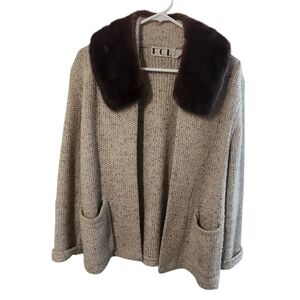 Vintage Wool Blend sweater cardigan fur collar  heavy knit  jacket